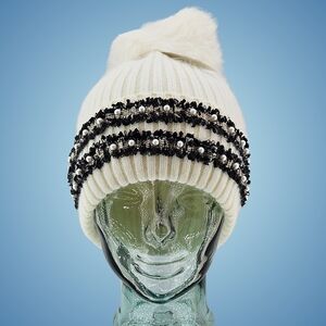 Glamourpuss NYC Hat Beanie Wool Blend Embellished Beaded Faux Fur Pom Holiday